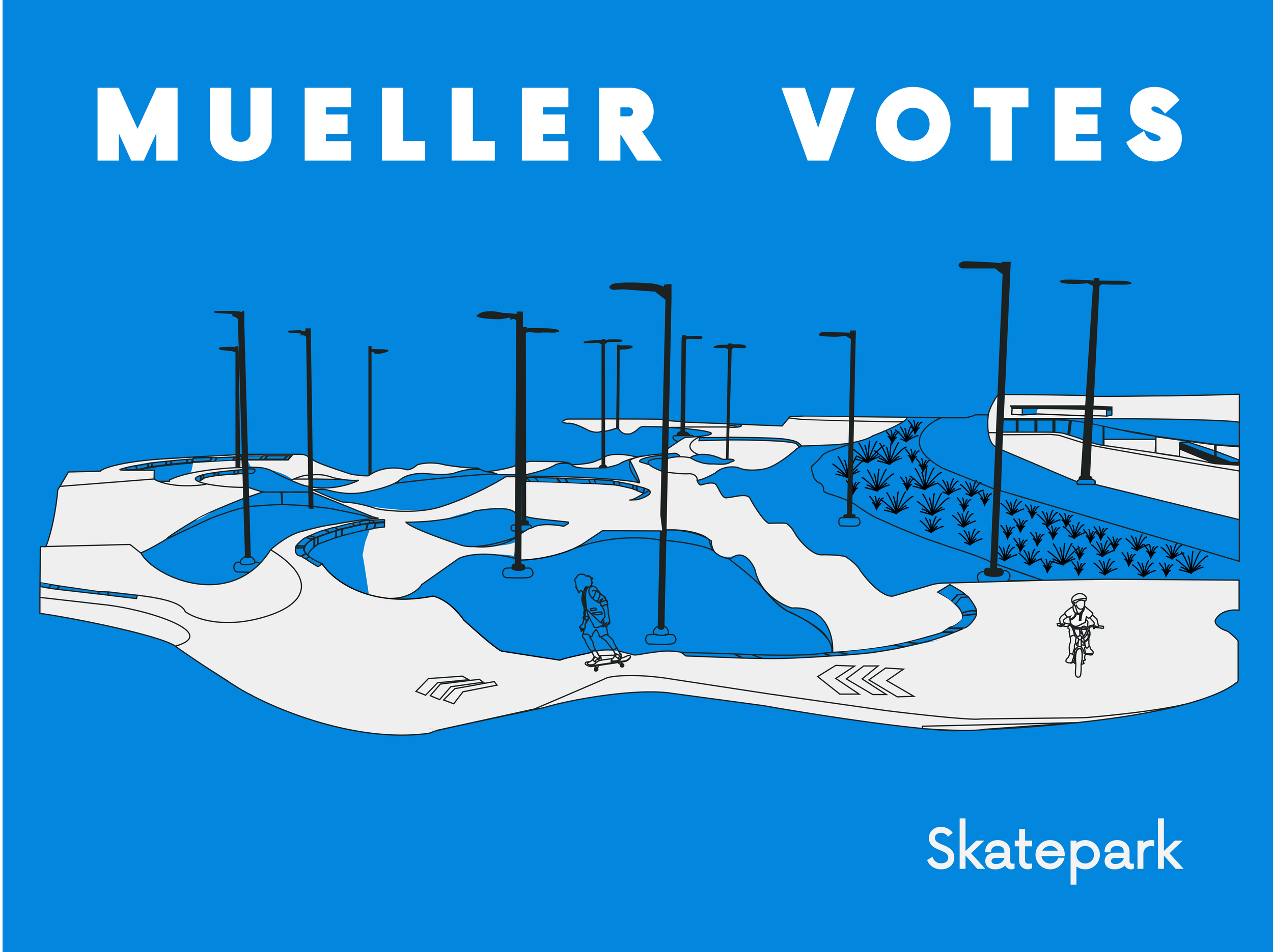 Digital illustration of a skatepark with ramps, rails, and a person skateboarding, under the text 'Müller Votes' on a blue background.