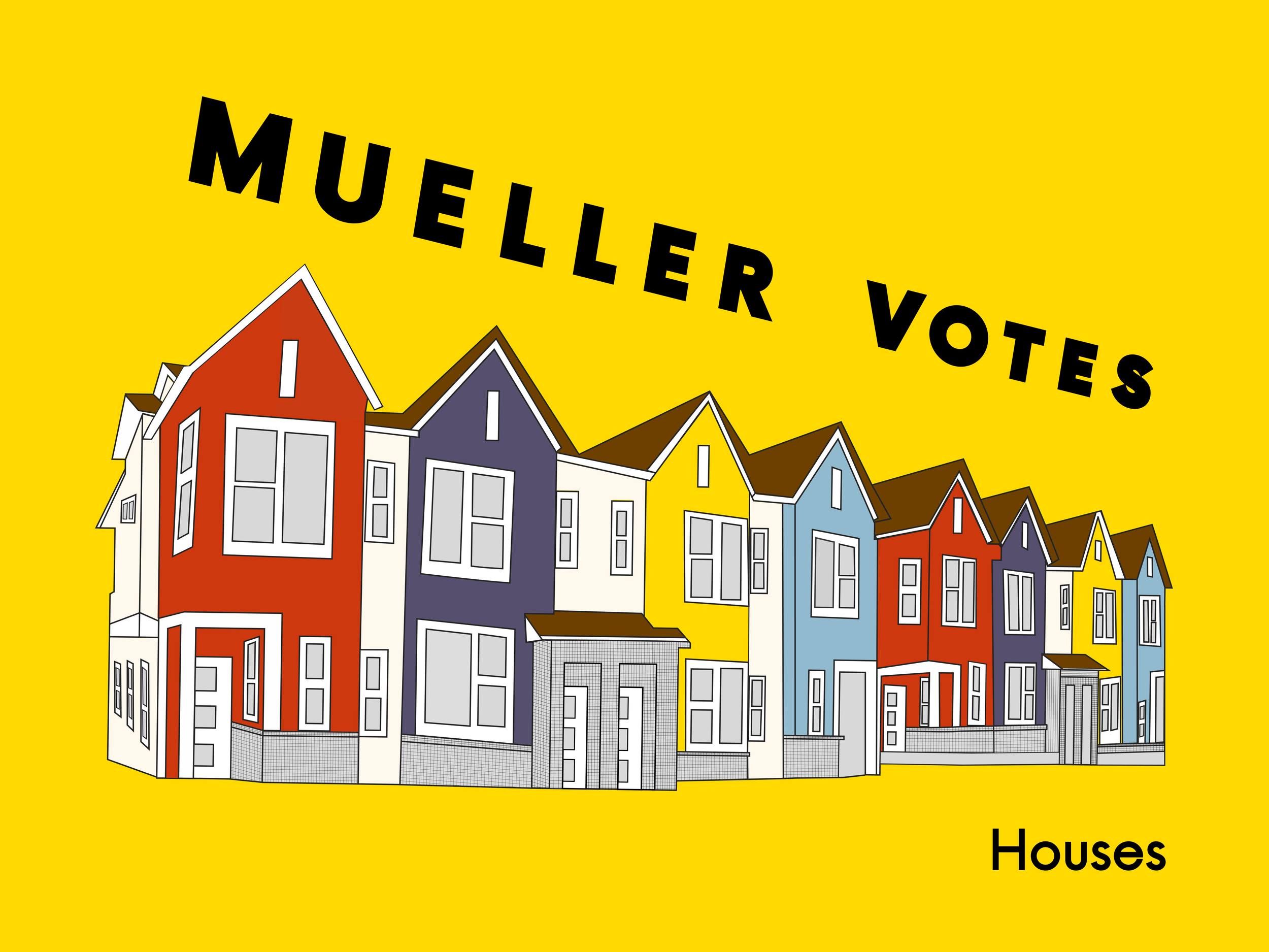 A colorful illustration of a row of houses with different colors and styles, set against a bright yellow background. The word 'Houses' is written in black at the bottom right corner.