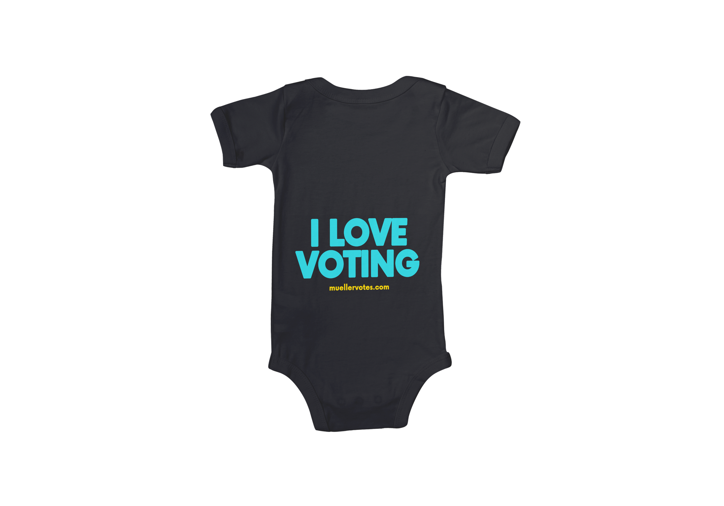 Black baby onesie with blue text that says 'I love voting' and a website link at the bottom.