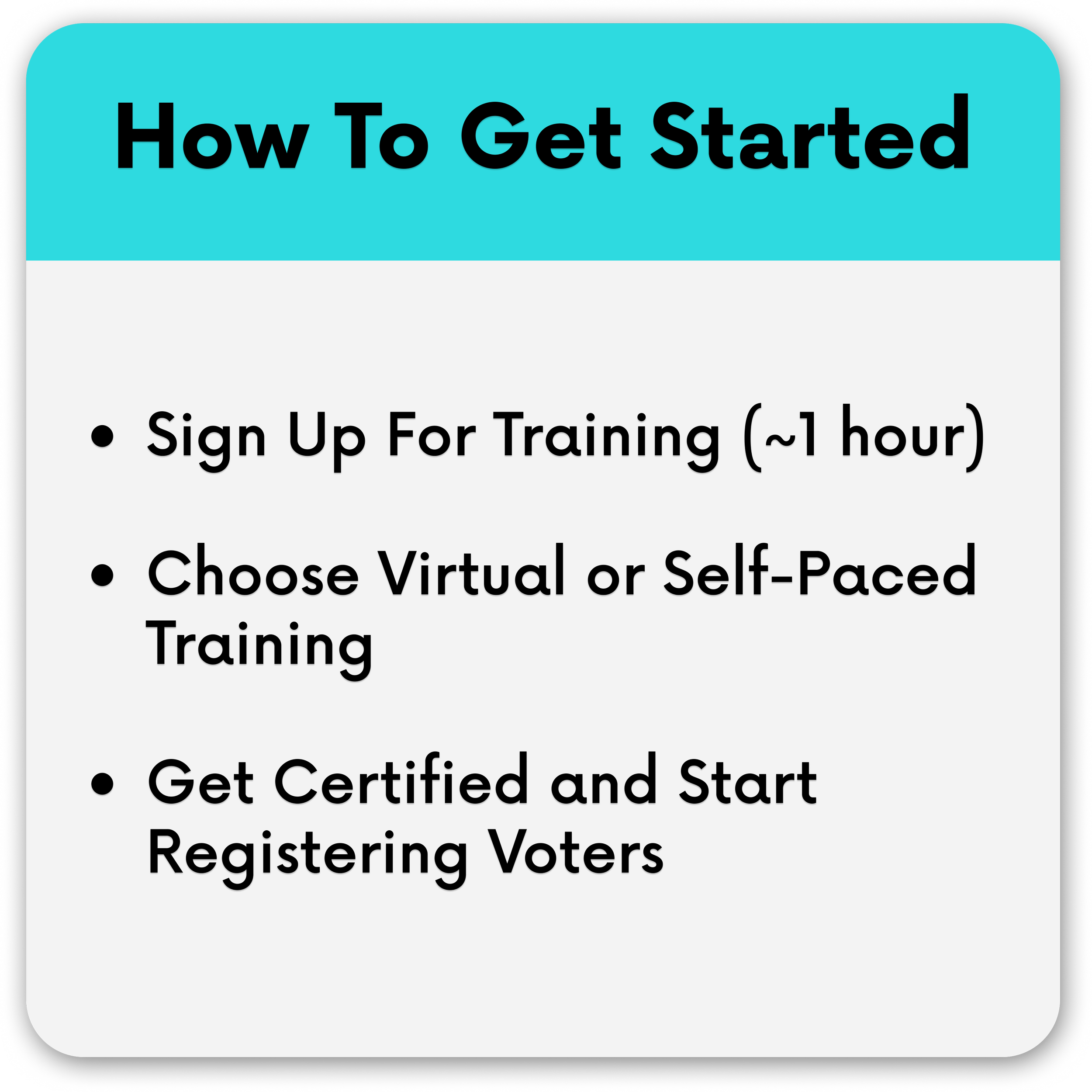 A presentation slide with a blue header that says 'How To Get Started', and a list of steps below including signing up for training, choosing virtual or self-paced training, getting certified, and registering voters.