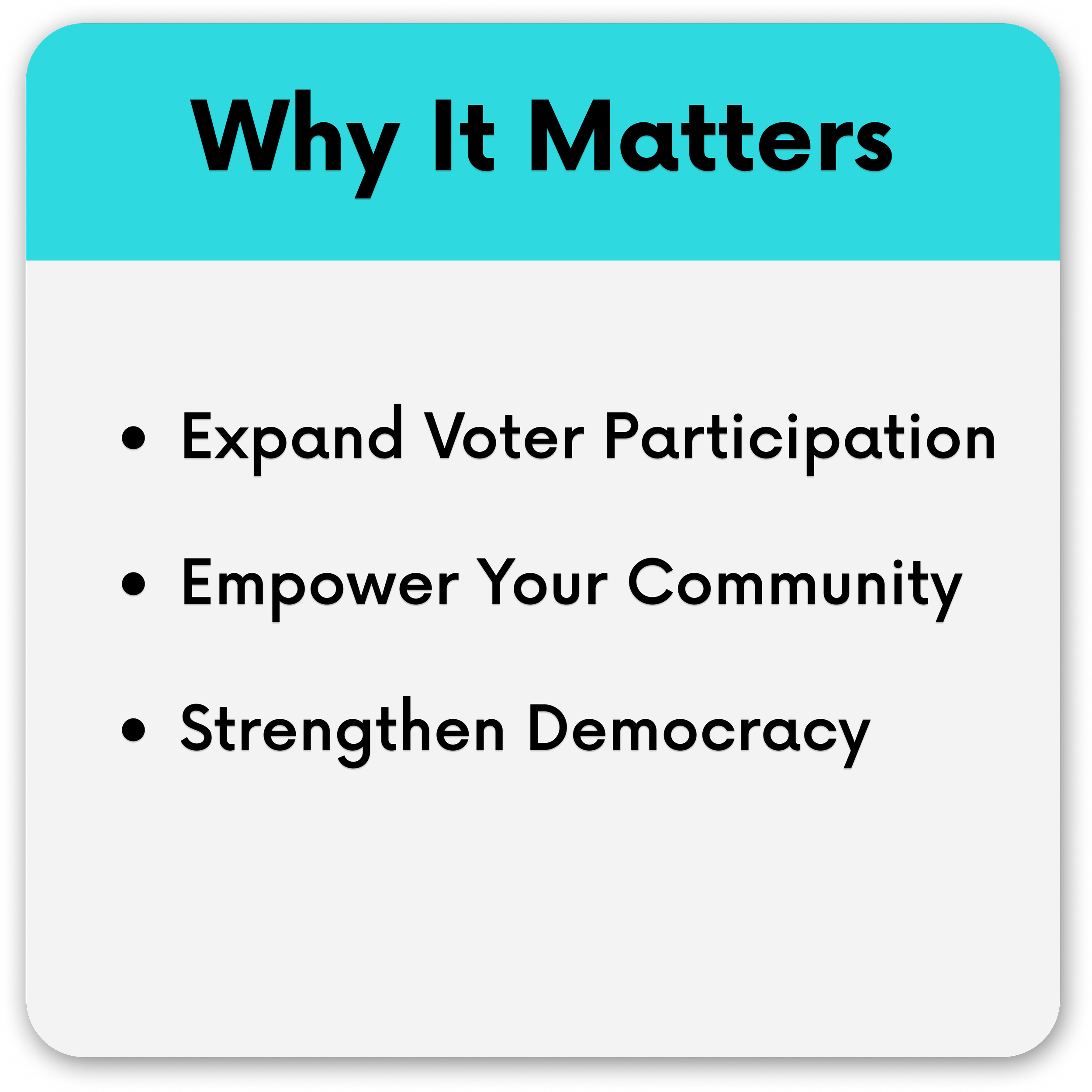 A presentation slide with the title 'Why It Matters' in black bold font on a blue background. Subheading includes points such as 'Expand Voter Participation,' 'Empower Your Community,' and 'Strengthen Democracy.'