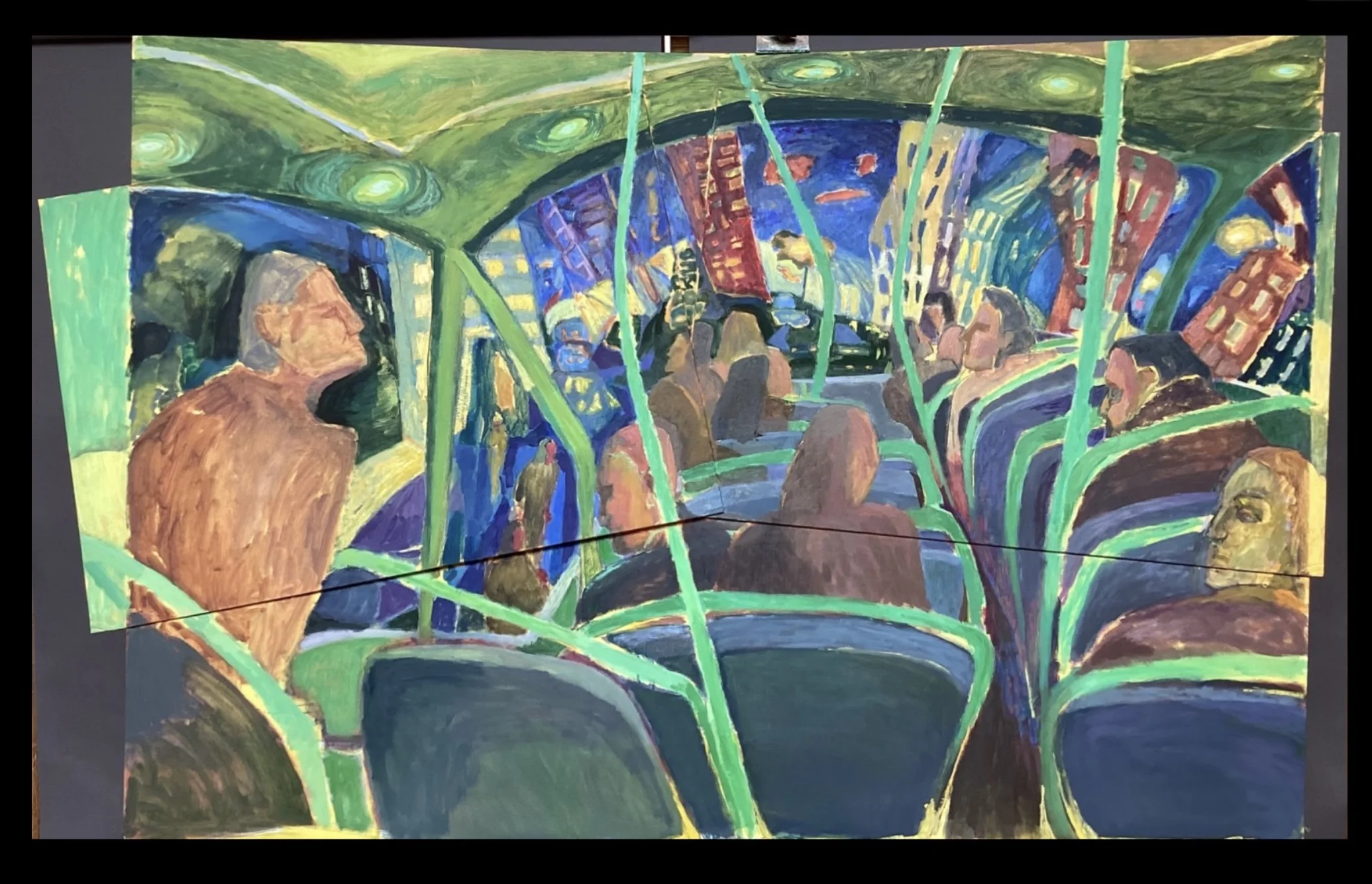 Night Bus, 2024, acrylic, oil and oil pastel on collaged board 115 x 187 cm