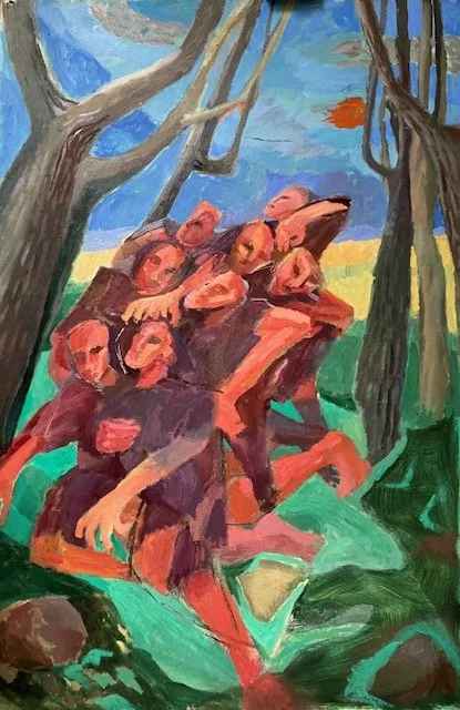 Runners 2, 2024, oil on collaged board, 70 x 40 cm
