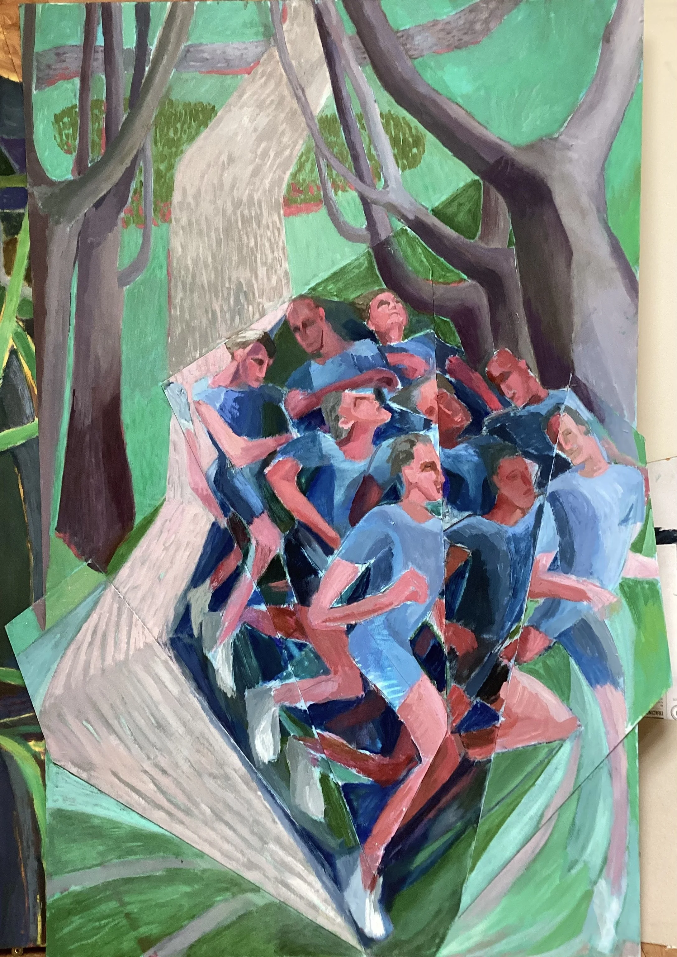 Runners 1, 2024, oil on collaged board, 112 x 74 cm