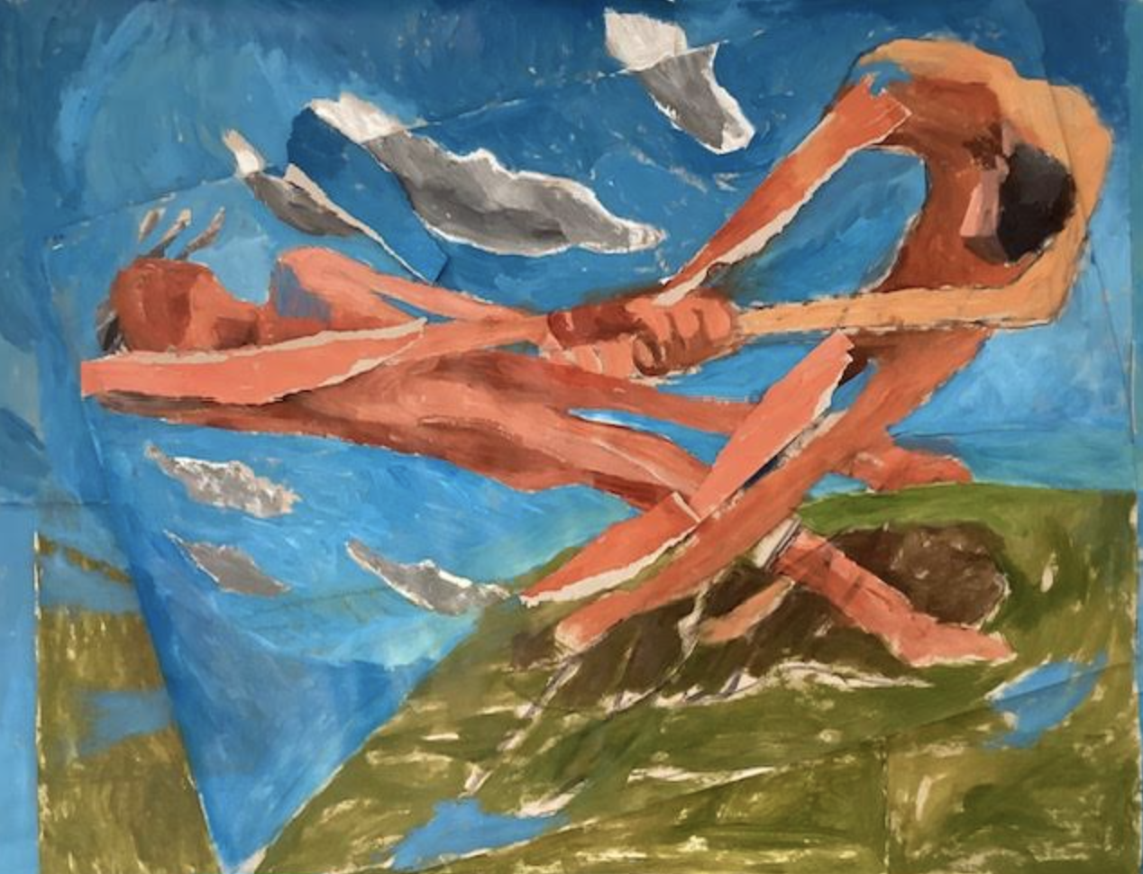 Flat Spin Round, 2026, collaged paper and acrylic, 80 × 102 cm