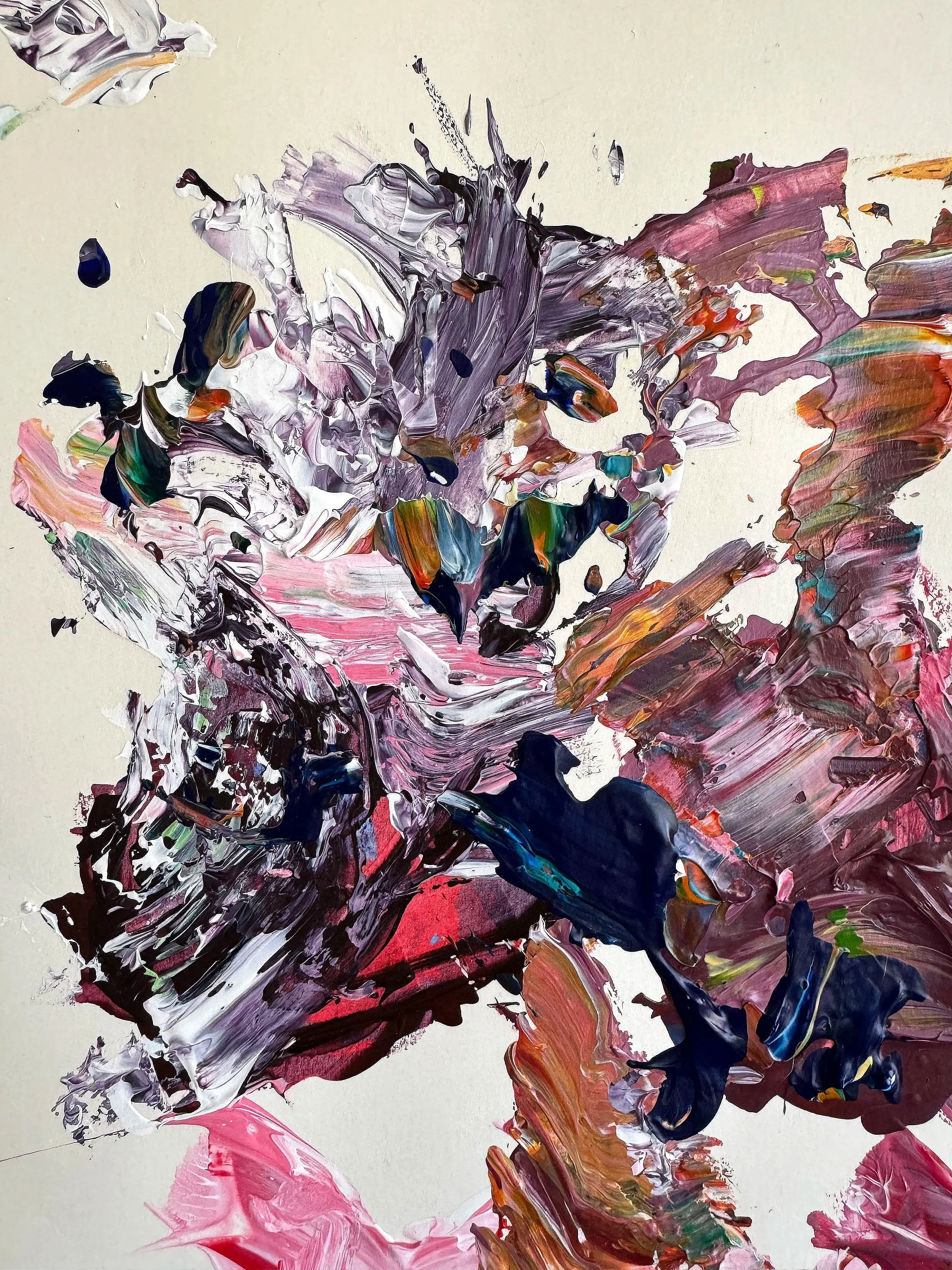 Abstract expressionist painting with bold, textured brushstrokes in shades of purple, pink, black, white, and hints of green and orange.