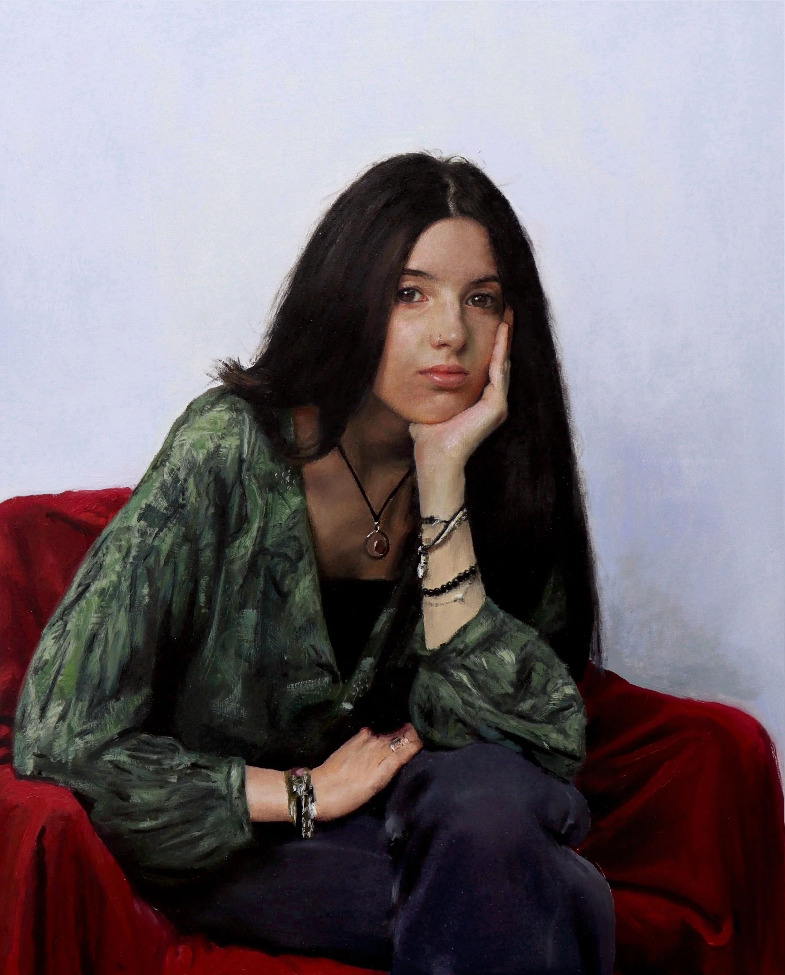 Retrato de una joven realista y academico al oleo sobre lienzo.