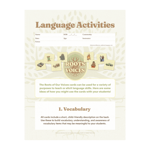 A printable worksheet titled 'Language Activities' featuring cards with images related to language skills and the title 'Roots of Our Voices' in the center, designed for teaching vocabulary and language concepts.