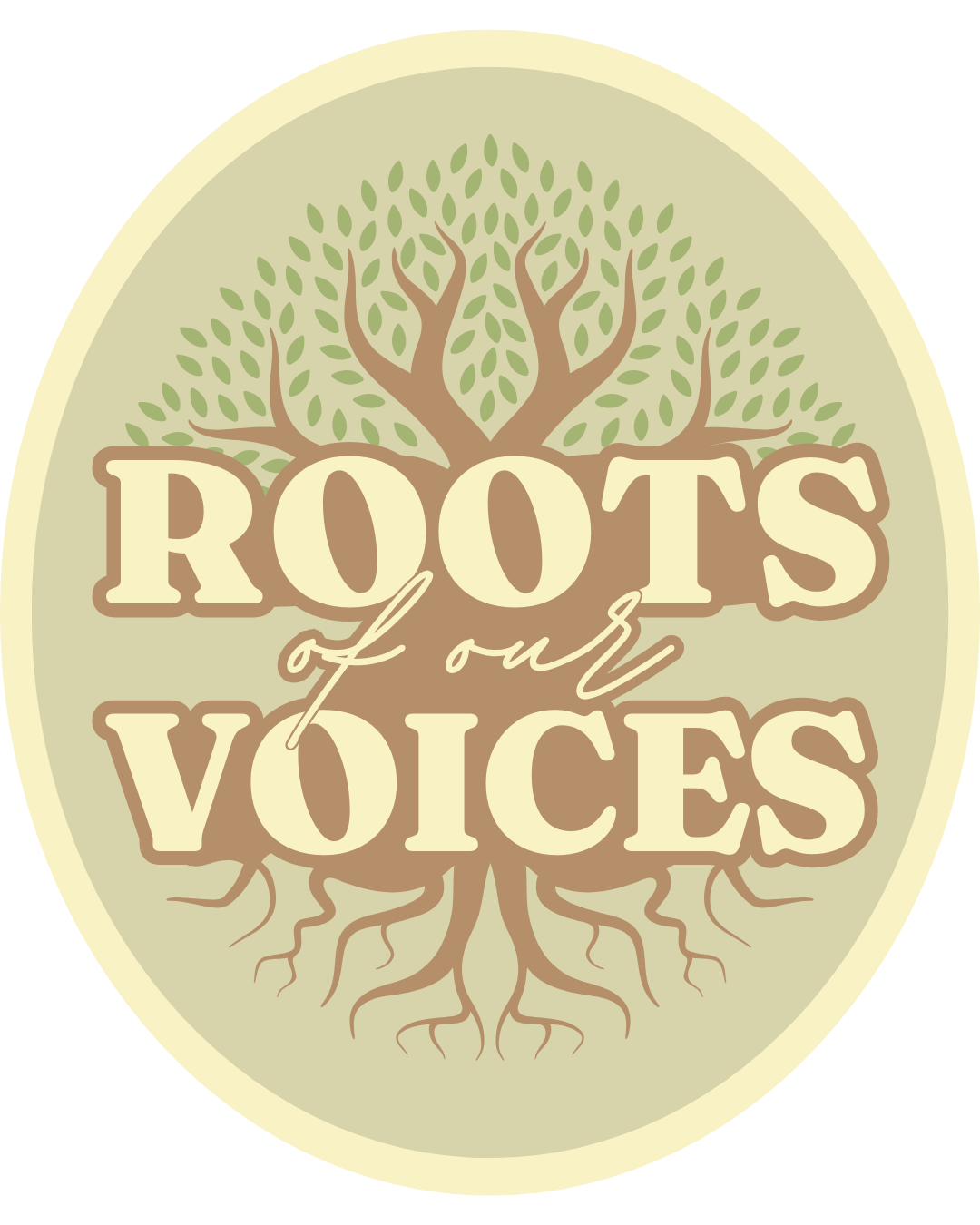 A logo with a tree illustration and the text "Roots of our Voices" in stylized fonts.