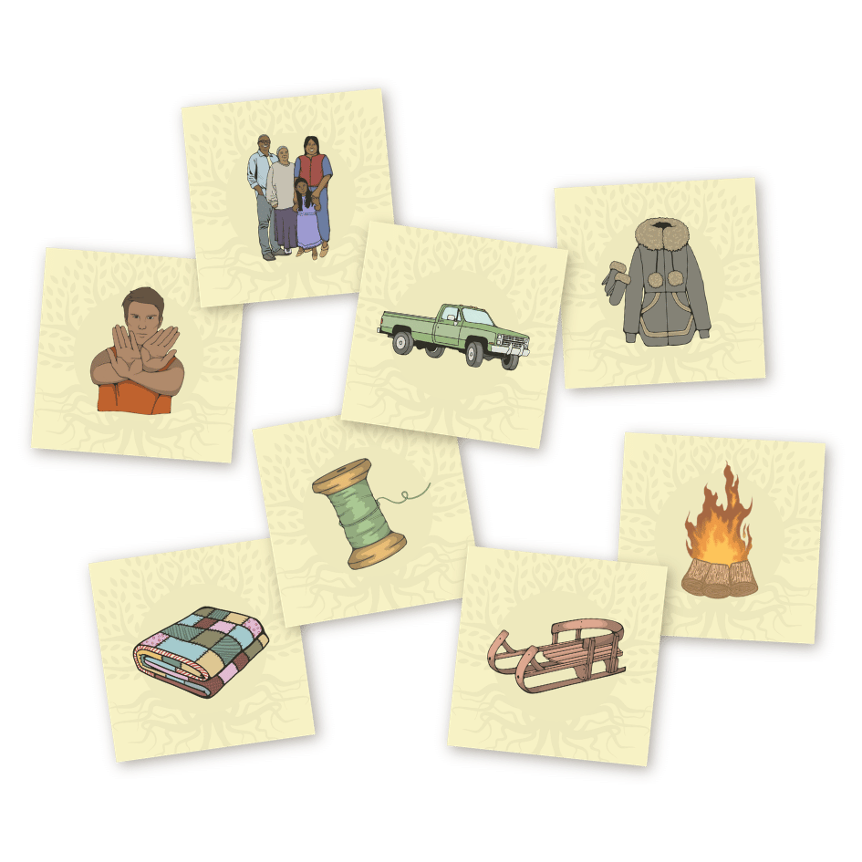 Examples of the Roots of Our Voices cards, featuring illustrations of a family portrait, person with crossed arms, winter coat, sled, blanket, truck, campfire, jacket, yarn spool.