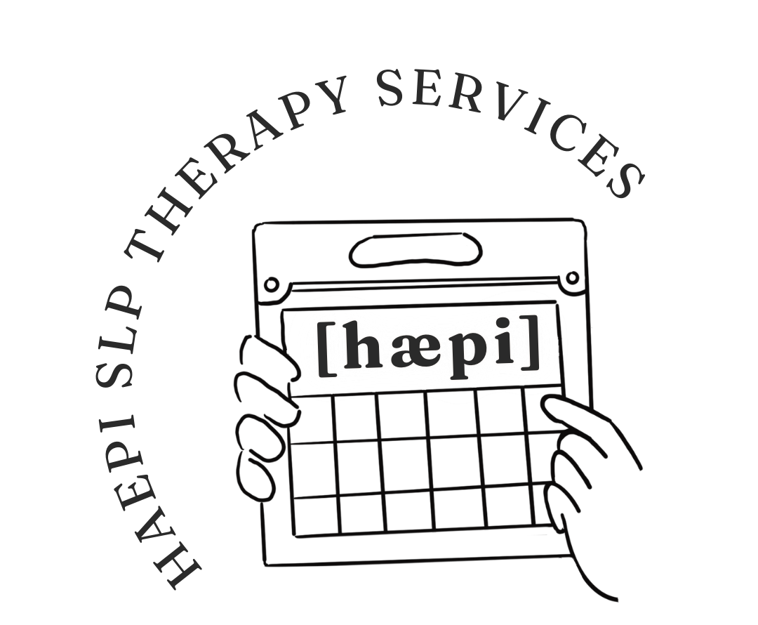 HAEPI SLP logo featuring hands holding a tablet displaying the word 'hæpi' written on a sticky note in the center.