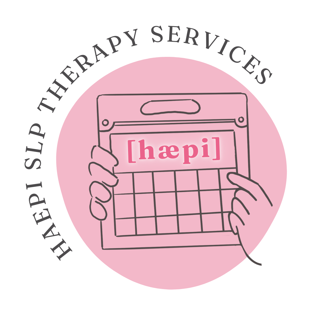 HAEPI SLP logo featuring an illustration of a person holding a tablet with the word 'hæpi' displayed on the screen.