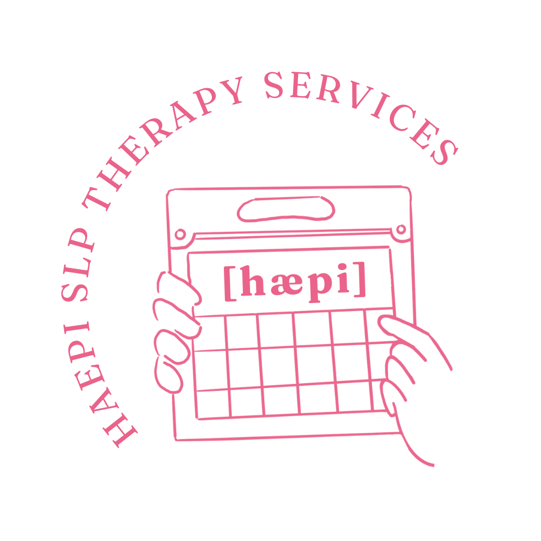 HAEPI SLP logo, a pink tablet with a sign displaying the word 'hæpi' in the center.