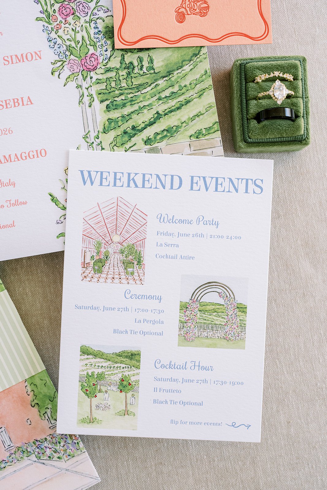 Tuscany wedding invitation suite with orange and green designs and hand-painted weekend events card
