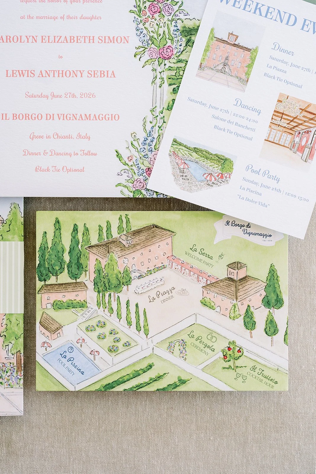 Illustrated map of a wedding venue with labeled areas featuring green trees, buildings, and gardens.