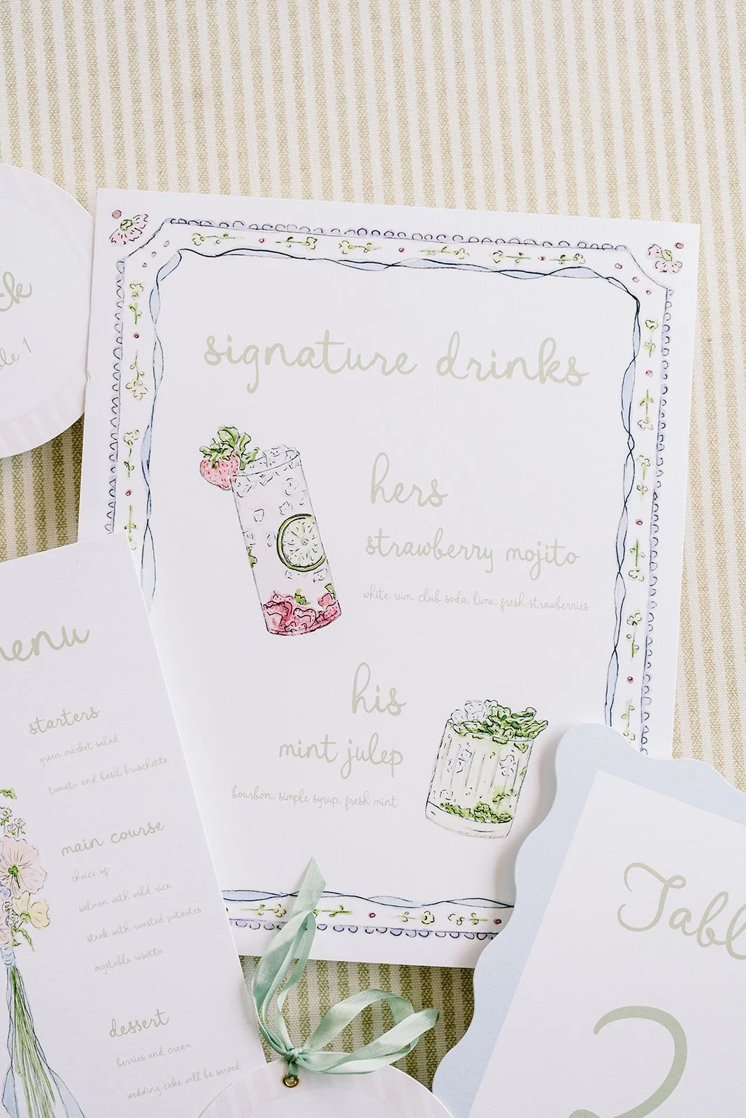Floral wedding day-of paper created by a watercolor artist featuring a signature drinks sign