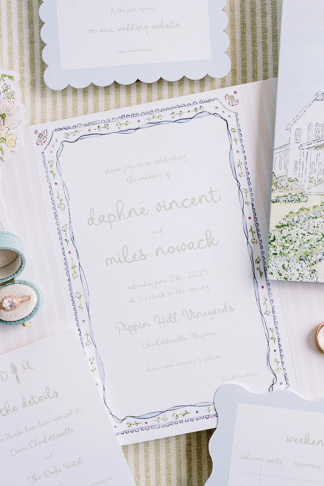 Floral watercolor hand-drawn wedding border invitation suite
