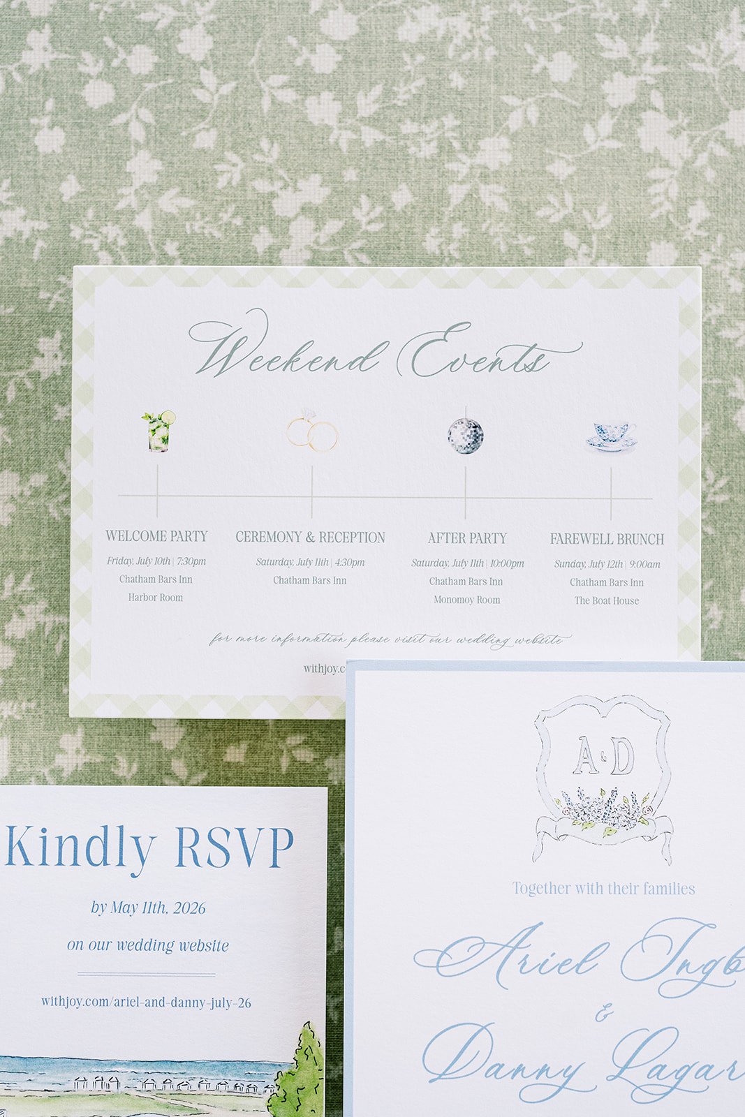 Green and blue weekend events card next to a wedding invitation and RSVP card on a green floral background