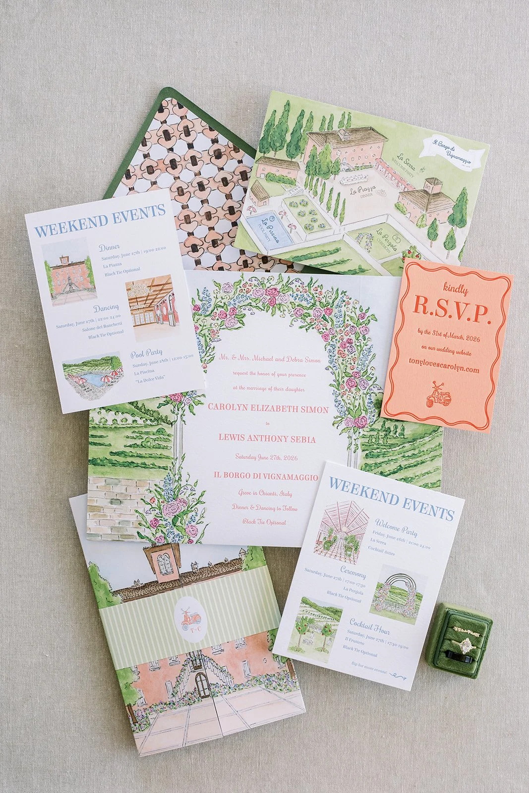 Wedding invitation suite with printed cards, RSVP card, event schedule, and decorative watercolor illustrations of gardens and architecture, along with a ring box.