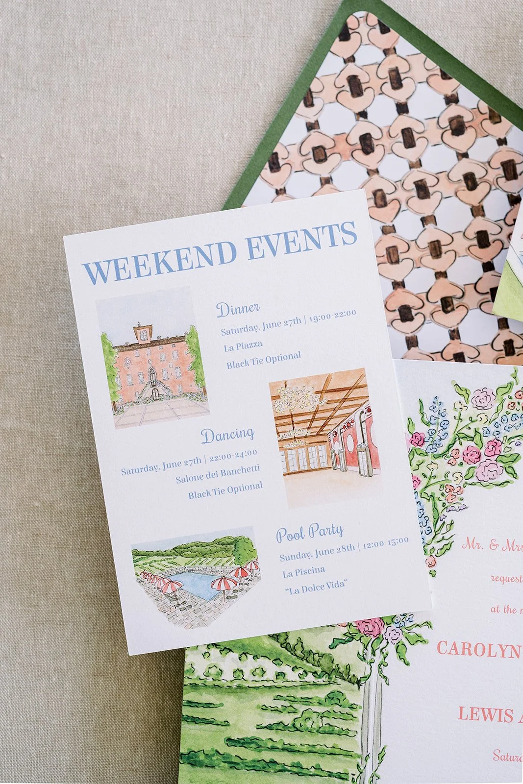 Weekend events card for a destination wedding in Tuscany
