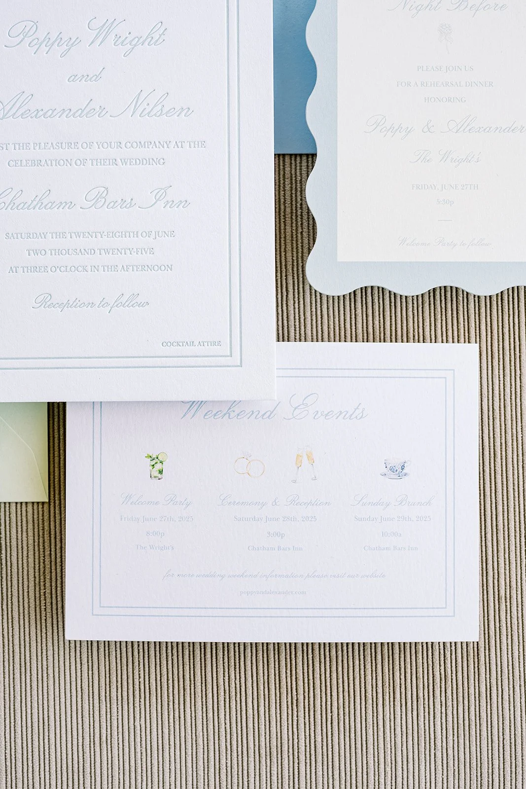 Custom weekend events card next to coastal wedding stationery on a neutral background
