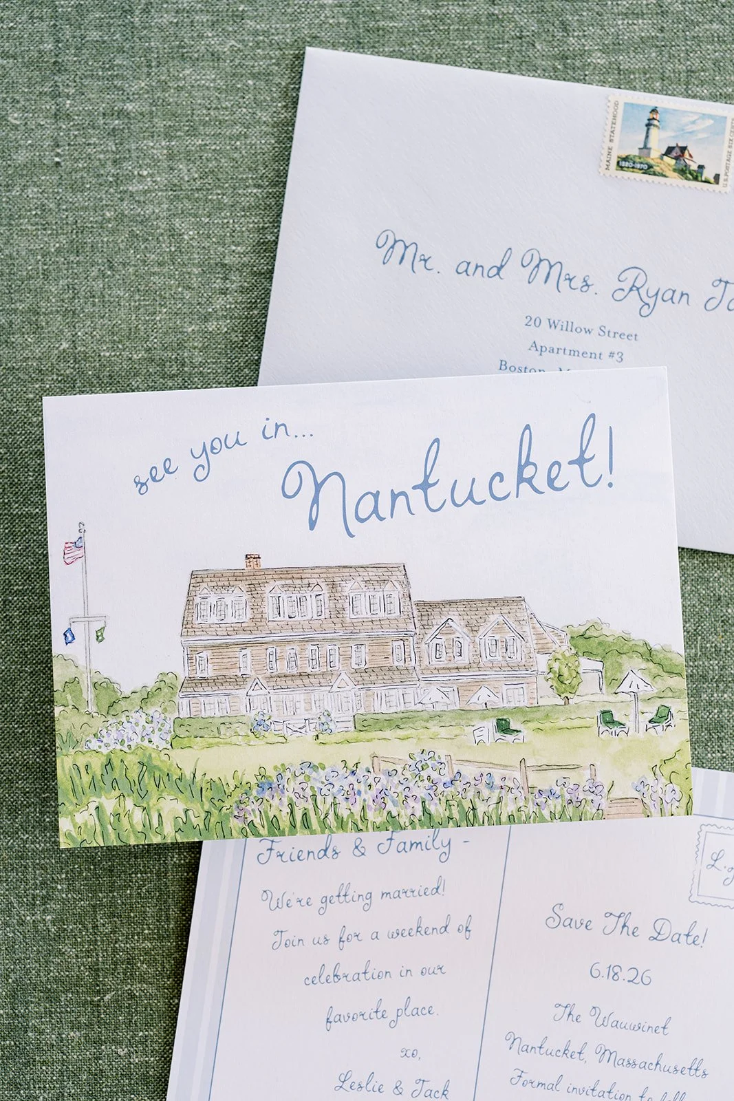 Nantucket-themed wedding stationery details featuring a save the date card
