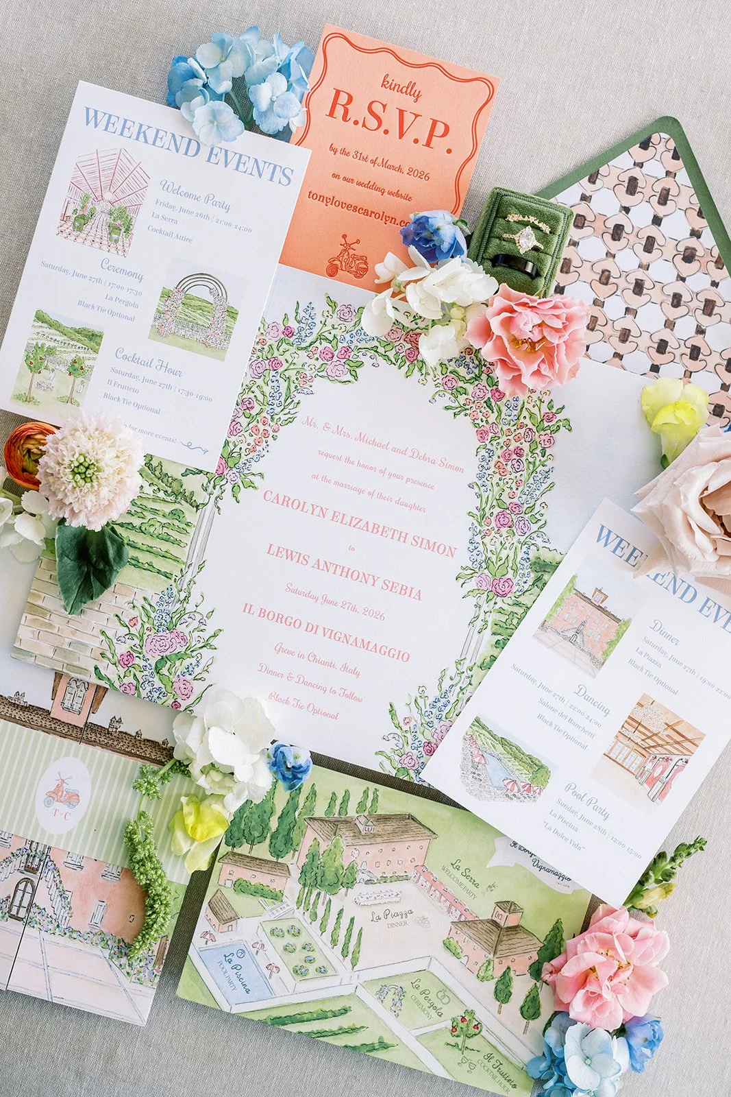 Tuscany wedding invitation suite with orange and green designs with florals
