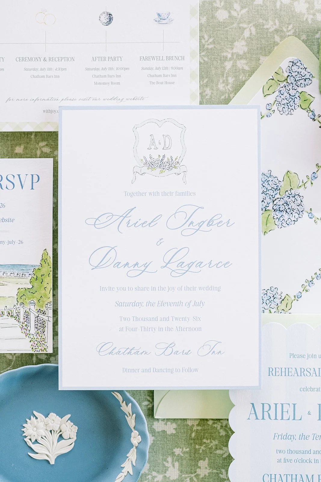 Wedding invitation details for a blue and green floral wedding, including reception, after party, and farewell brunch information, along with floral illustrations and event watercolor designs.