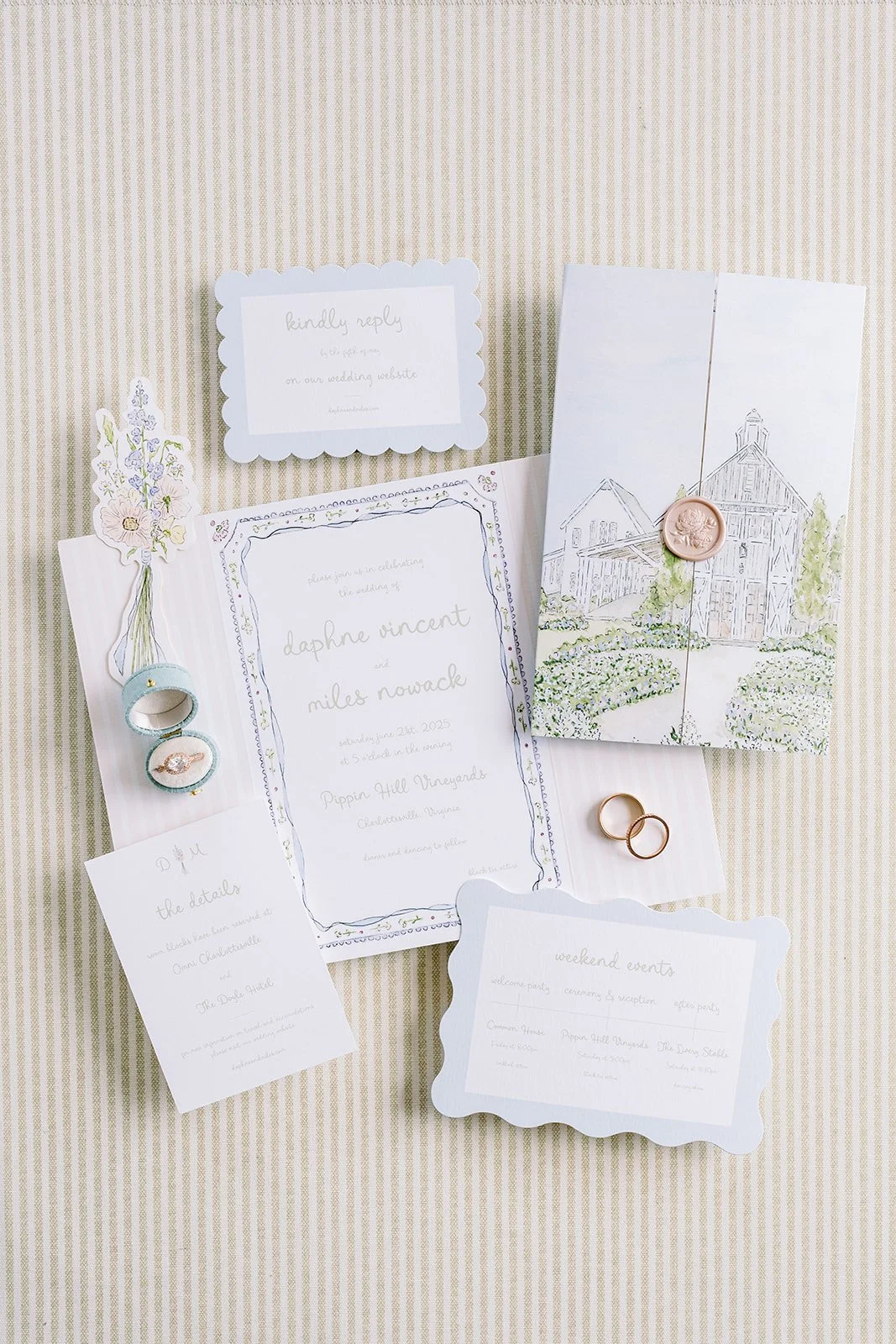Floral wedding invitation suite featuring hand-drawn watercolor flowers and wedding venue illustrations