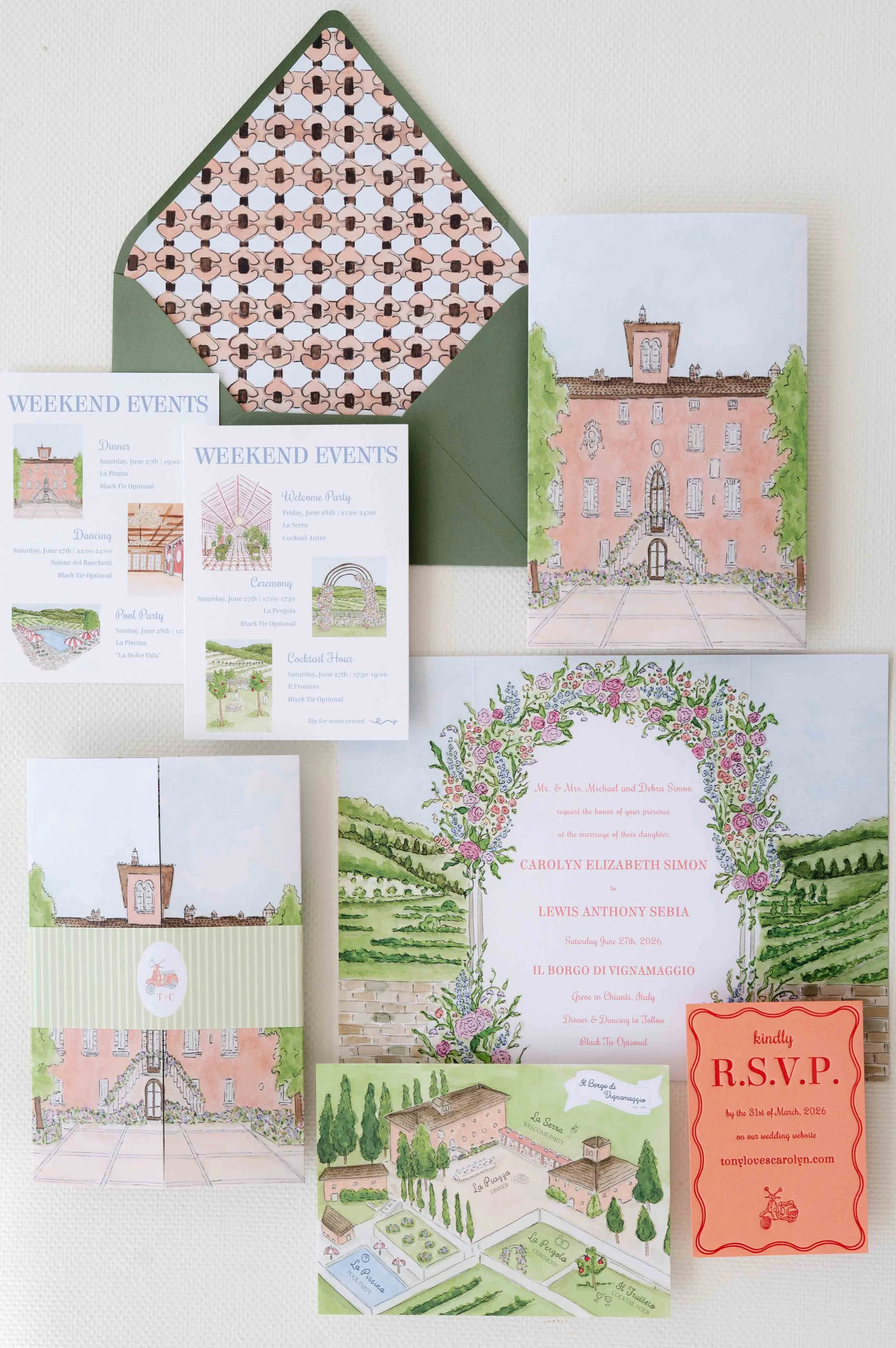 A wedding invitation set featuring watercolor illustrations of a pink villa, garden, and landscape, along with RSVP and event schedule cards, an envelope lined with a pattern, and a map of the wedding venue.