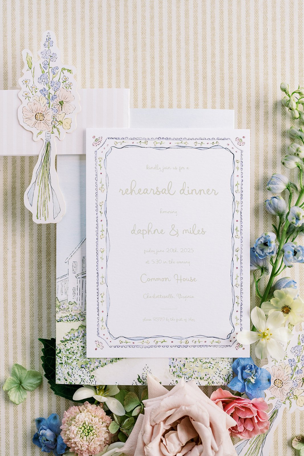 Wedding rehearsal dinner invitation with floral decorations and watercolor illustrations on a textured background.