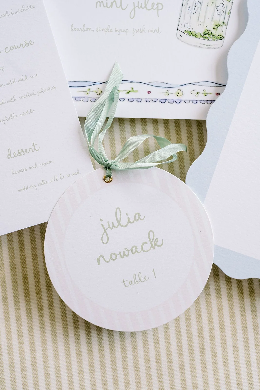Floral wedding day-of paper created by a watercolor artist featuring a name tag for the seating chart