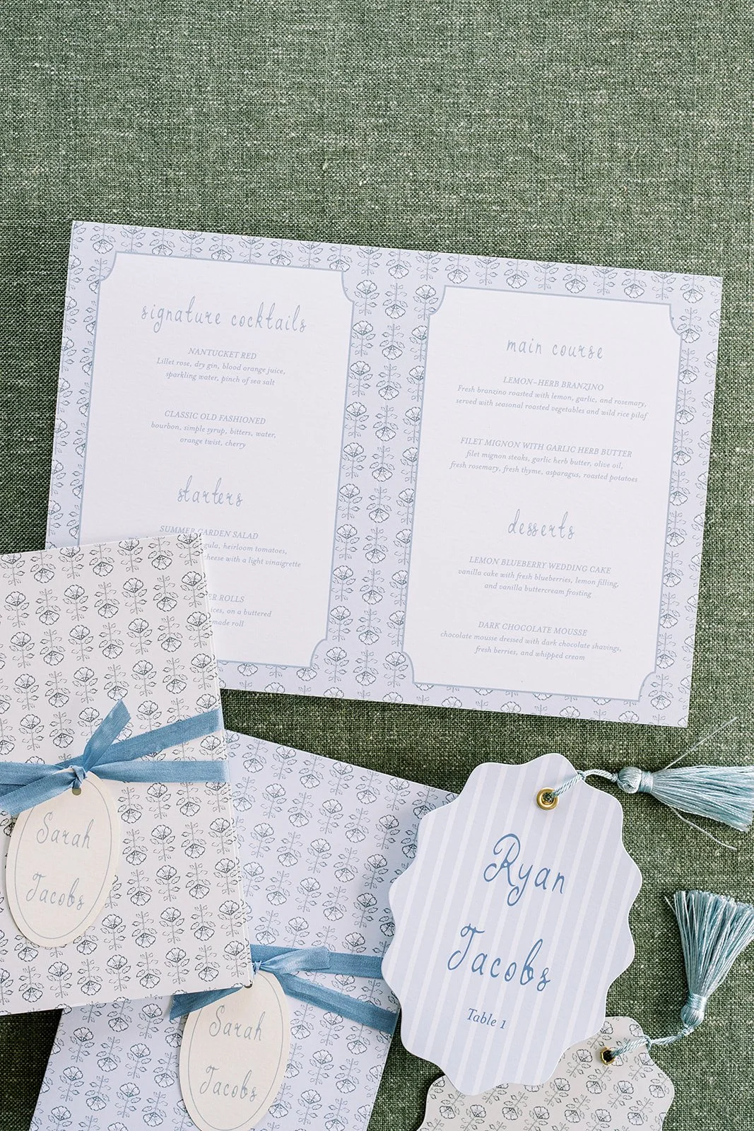 Nantucket-themed wedding stationery details featuring the menu and table cards