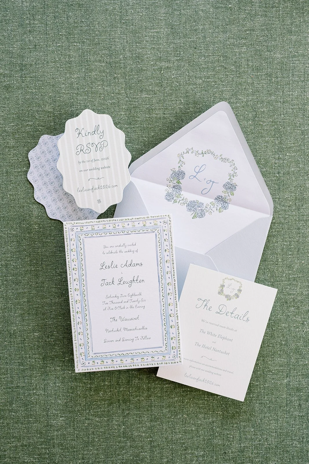 Nantucket-themed wedding stationery details featuring the wedding invitation, RSVP card, envelope, and details card
