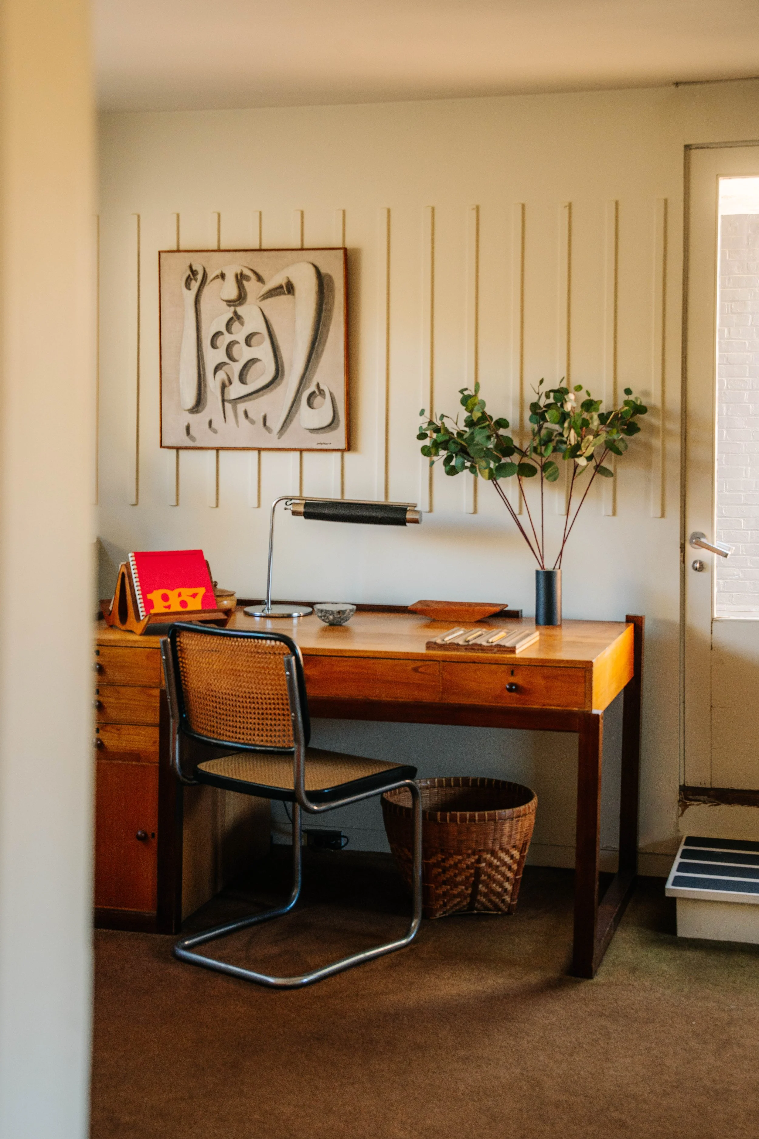 Ati Gropius' bedroom in Gropius house, in Lincoln. MA. 
Gropius house, a New England house, designed by Walter Gropius, founder of the German design school known as the Bauhaus. Museum, cultural space/interior photography. Historic New England.