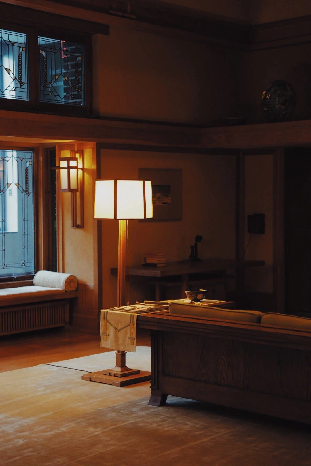 The Frank Lloyd Wright Room, in the Prairie School style, in The Met, New York City, installed in Gallery 745 in the American Wing. Built for lawyer and businessman Francis W. Little. Museum, cultural space/interior photography. 