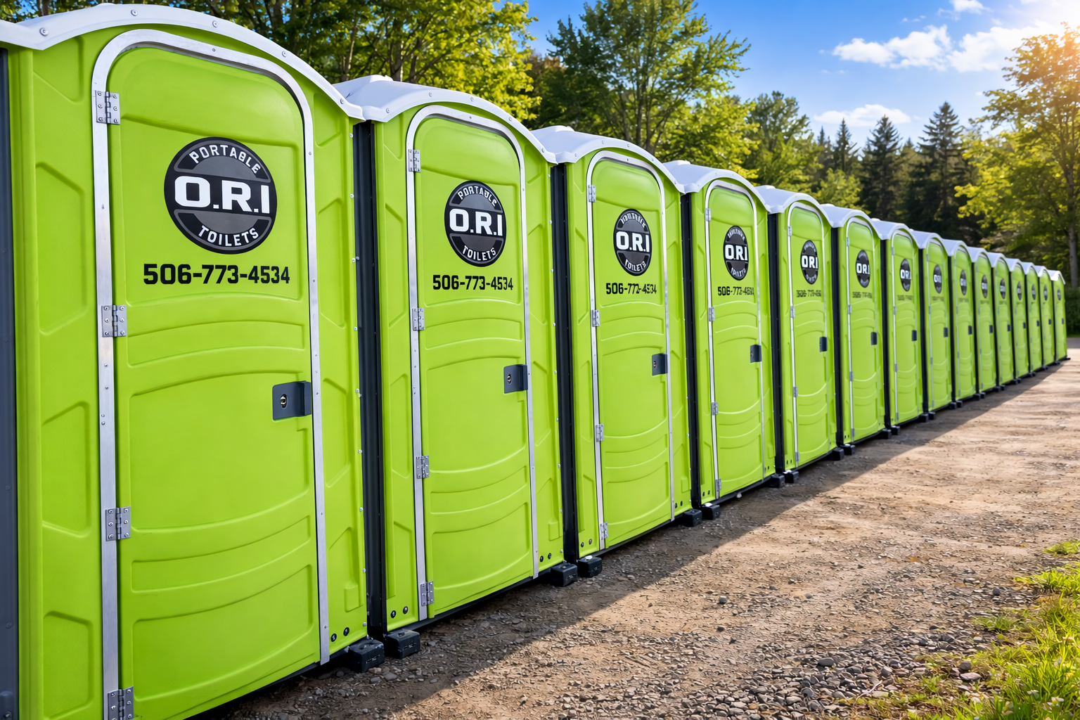 Lime-green portable toilets in sunny row.png