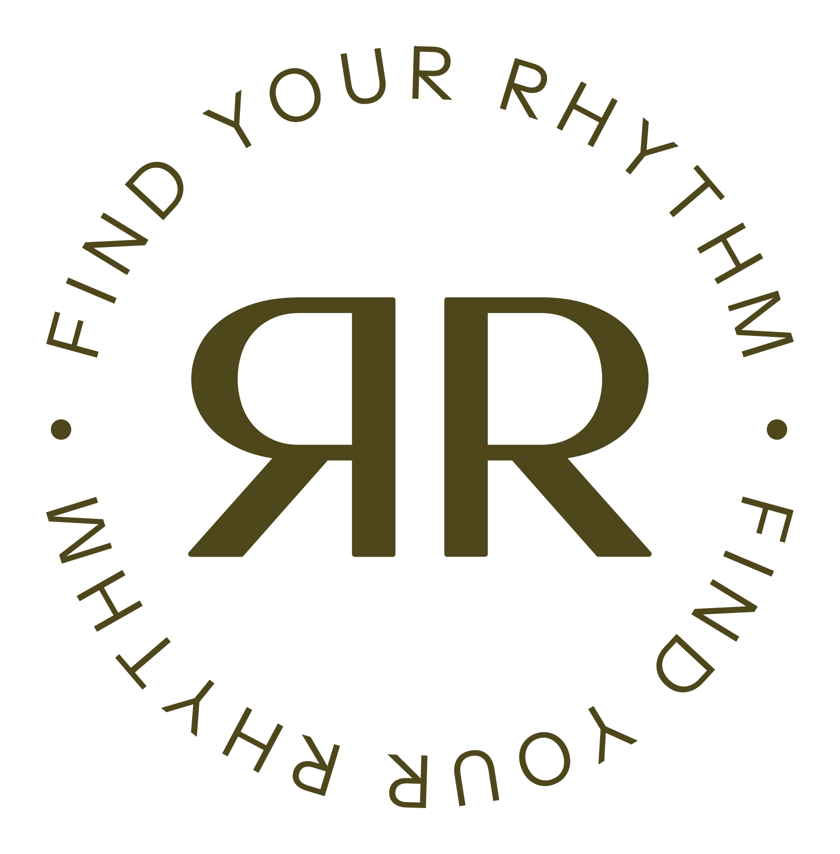 A circular logo with the phrase 'Find your rhyme' repeated around the circle's edge. In the center, there is a stylized 'RR' monogram in olive green.