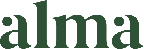 Close-up of the word 'alma' in dark green text on a white background.