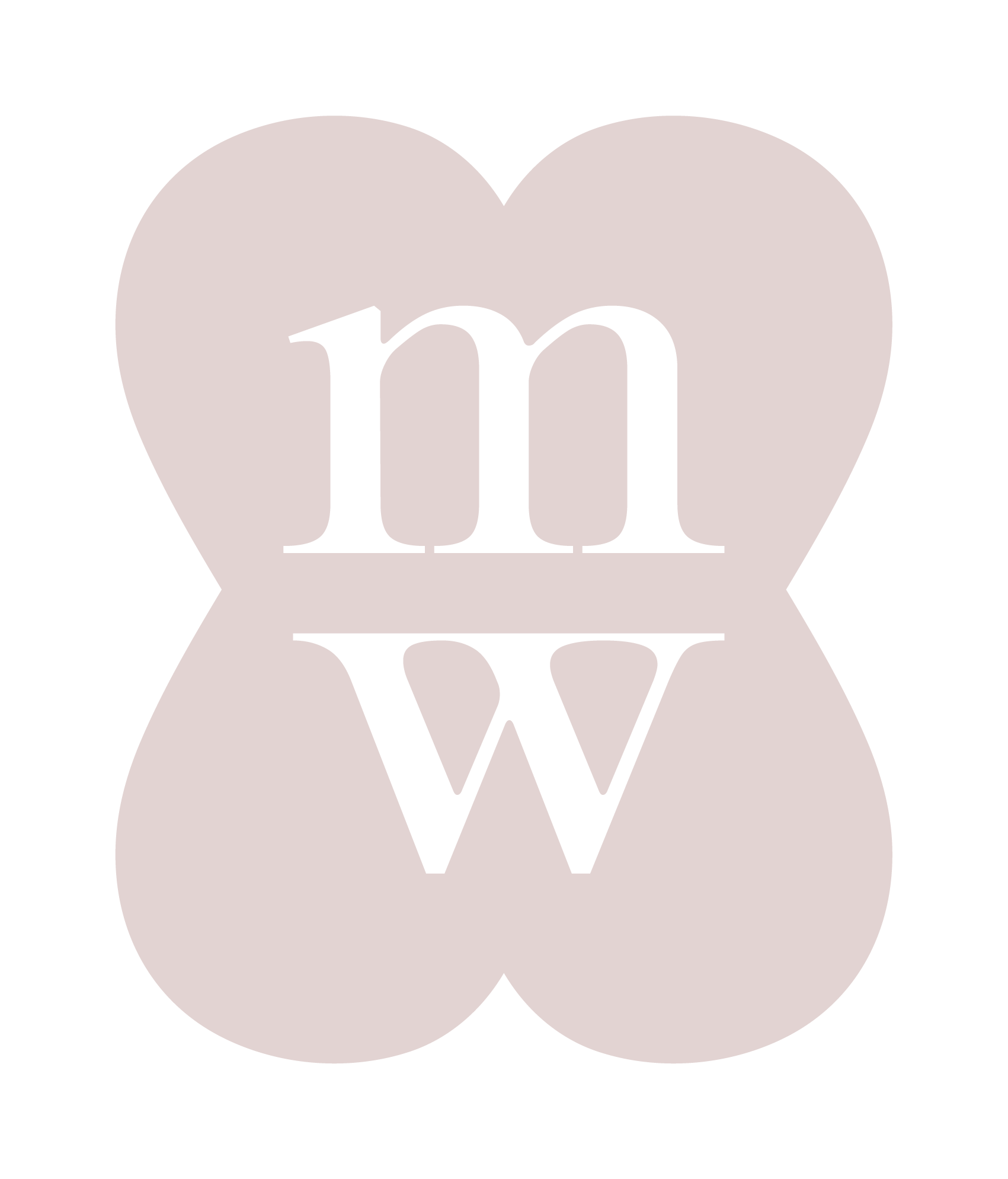 Letter m and w intertwined over a background of four pale pink circles.