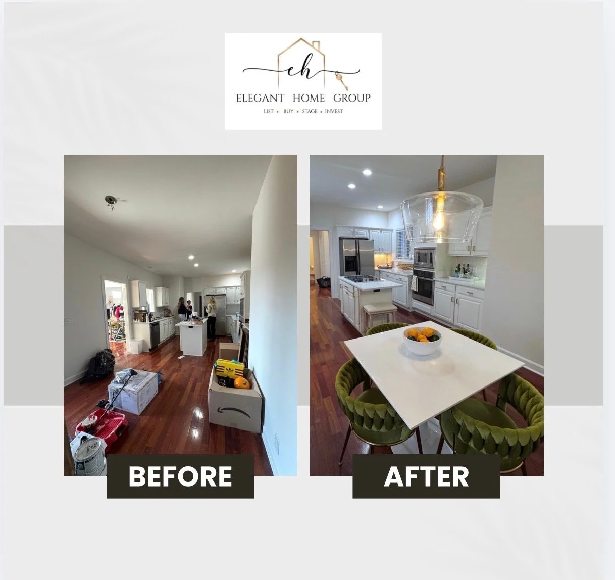 Comparison of a kitchen before and after renovation. Before image shows clutter, boxes, and construction items. After image shows a clean, modern kitchen with white cabinets, a dining table with green chairs, and a bowl of fruit.