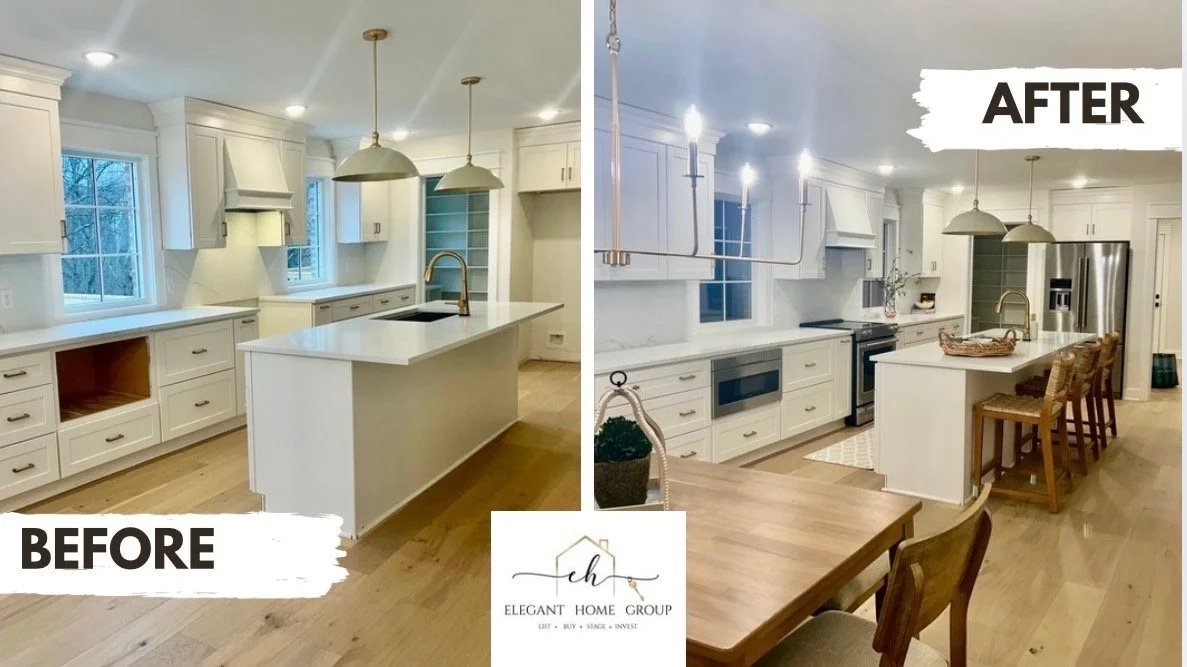 Side-by-side comparison of a kitchen before and after renovation. The "Before" shows a bright kitchen with white cabinets, a large island, and two pendant lights. The "After" displays a more refined kitchen with updated lighting, a dining area with a