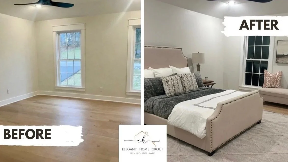 Comparison of a room before and after renovation; the before image shows an empty room with light-colored walls, hardwood flooring, and two windows. The after image shows the same room furnished with a bed, nightstand, lamp, window seat, and decor, w