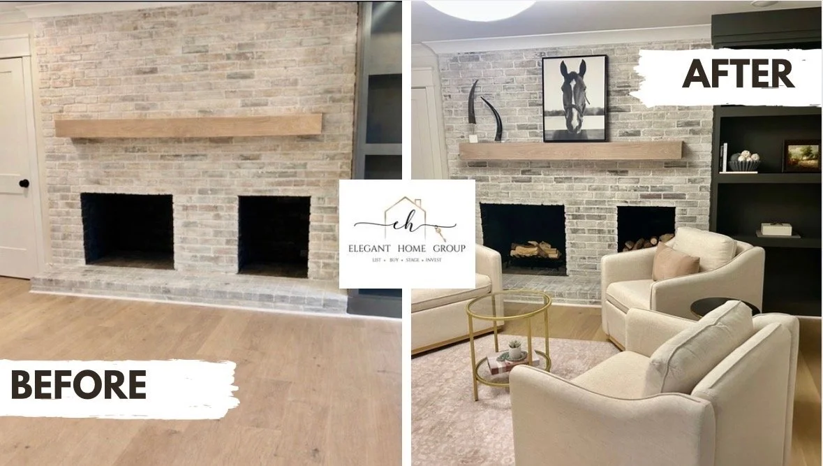 Comparison of a living room fireplace area before and after renovation. The before image shows an empty brick fireplace with a wooden mantel and light wood flooring. The after image shows the same brick fireplace now decorated with artwork, a sculptu