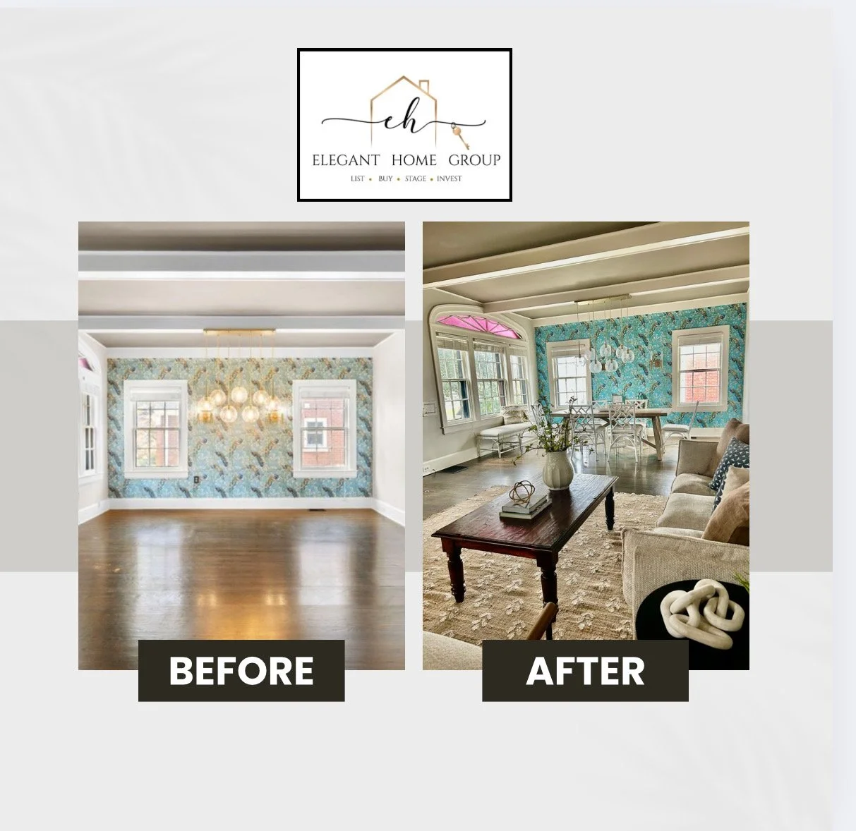 Comparison of a room before and after renovation, showing changes in decor, furniture, and lighting.