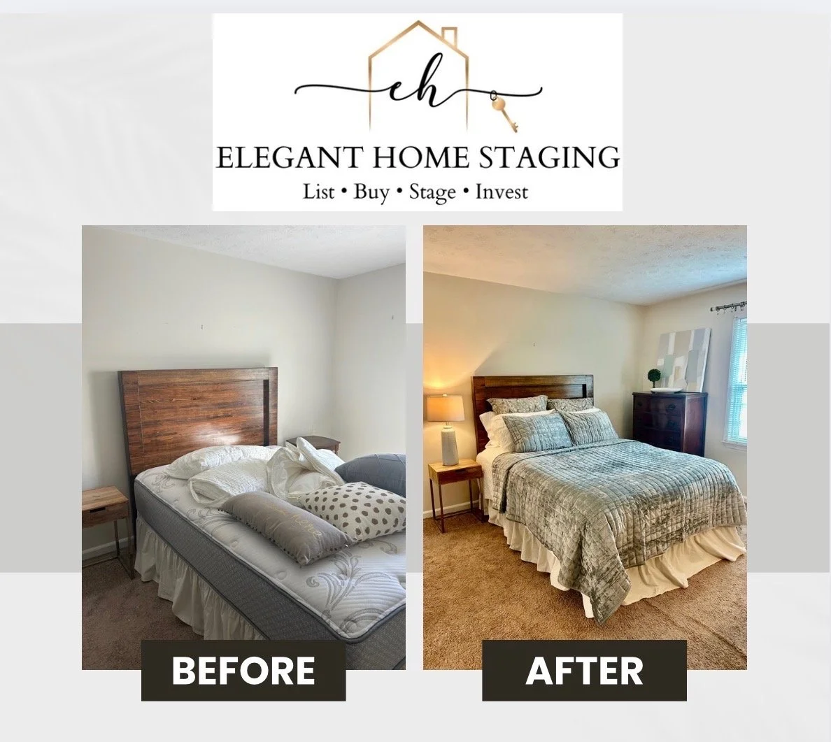 Comparison of a bedroom before and after staging. The 'Before' image shows a cluttered bed with disheveled linens and pillows. The 'After' image shows a neatly made bed with coordinated bedding, a bedside lamp turned on, and a decorative painting on 