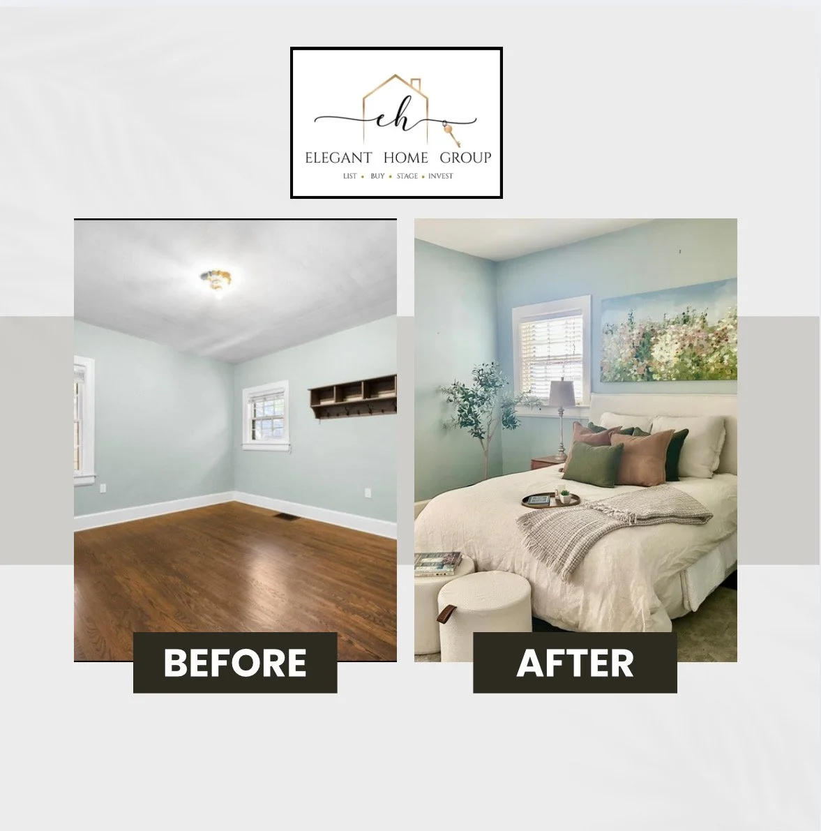 Before and after comparison of a bedroom renovation showing an empty room with wooden floors and light blue walls before, and a decorated bedroom with a bed, pillows, artwork, and a window after.