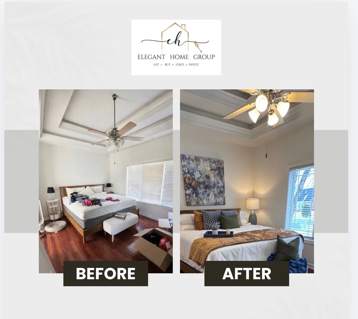 Side-by-side comparison of a bedroom before and after renovation. The left shows a cluttered bedroom with a ceiling fan, wooden bed frame, and various items on the bed and floor. The right displays a tidy, decorated bedroom with a new ceiling, modern