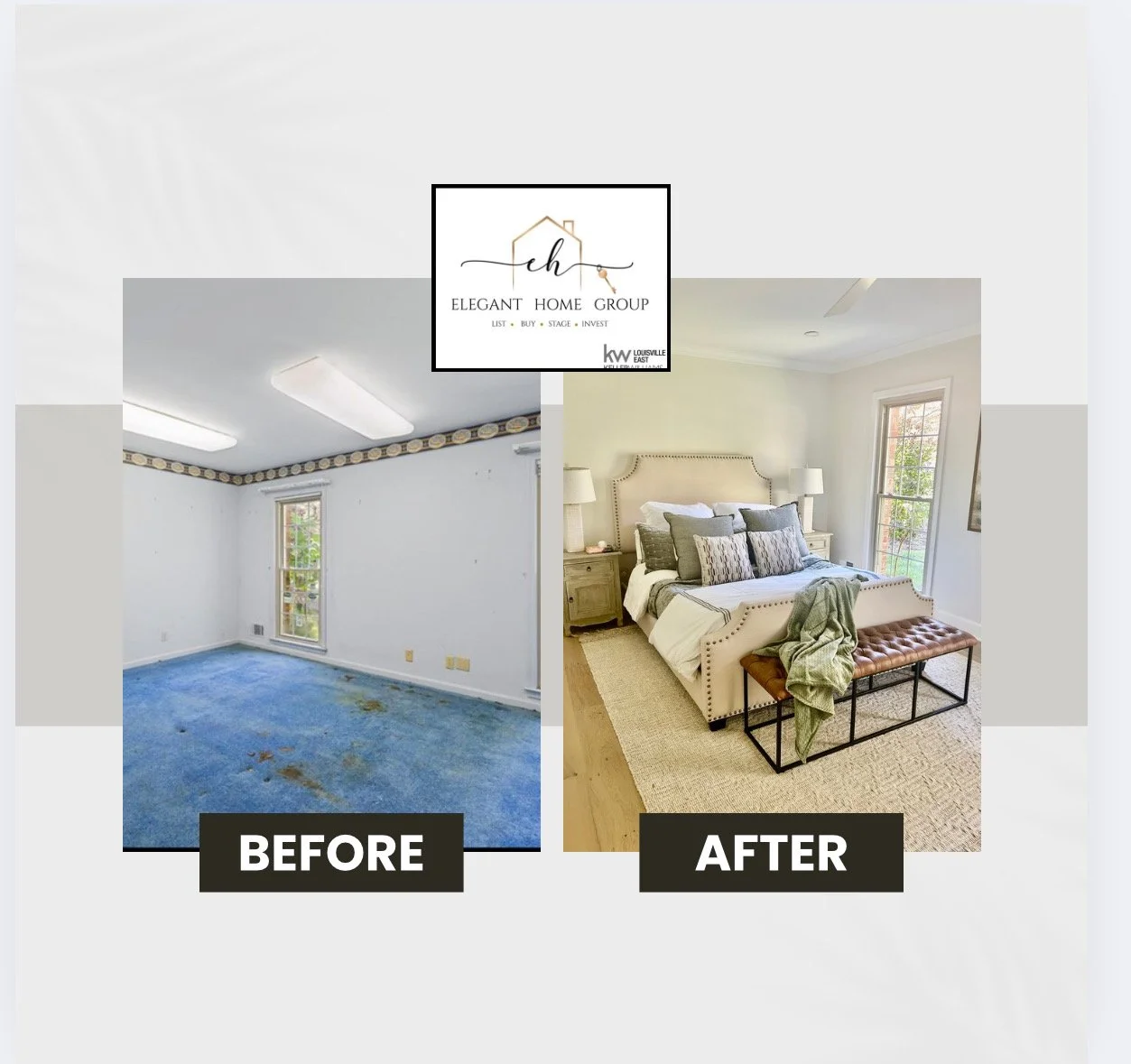 Comparison of a bedroom before and after renovation: the 'before' side shows a room with white walls, blue carpet, and simple ceiling lights; the 'after' side features a decorated bedroom with a bed, nightstands, lamps, and natural light from windows