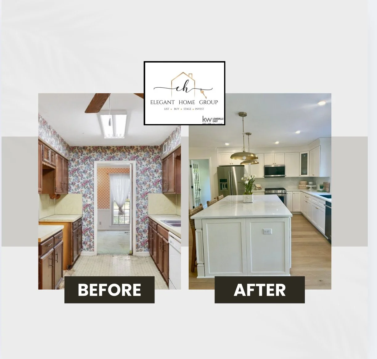 Side-by-side comparison of a kitchen before and after renovation. The 'before' image shows a small kitchen with dark wooden cabinets, floral wallpaper, and a worn linoleum floor. The 'after' image displays a bright, modern kitchen with white cabinets